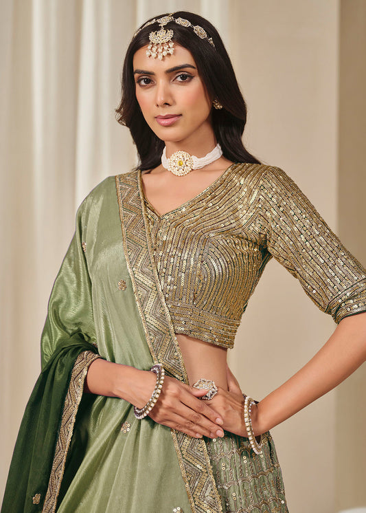 Green Silk Zari Sequin Embroidered Lehenga Choli