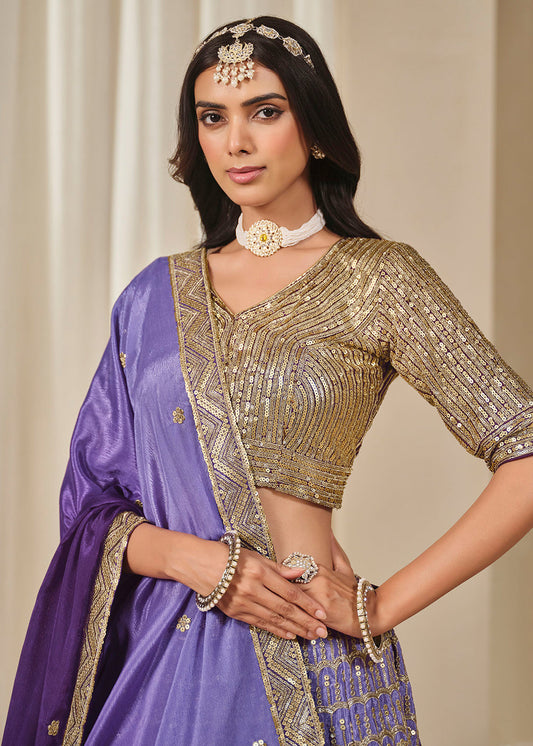 Purple Zari Sequin Embroidered Silk Lehenga Choli