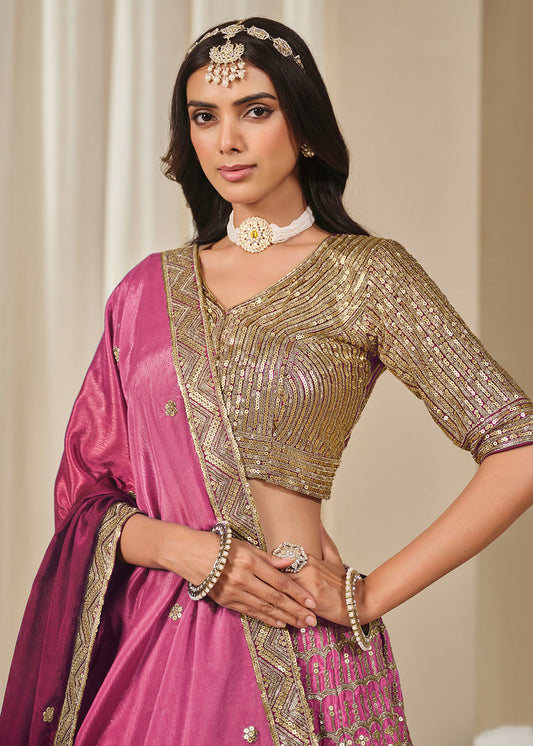 Pink Zari Sequin Embroidered Silk Lehenga Choli