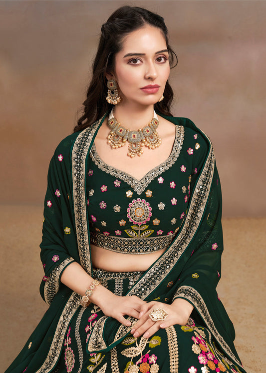 Dark Green Georgette Embroidered Lehenga Choli