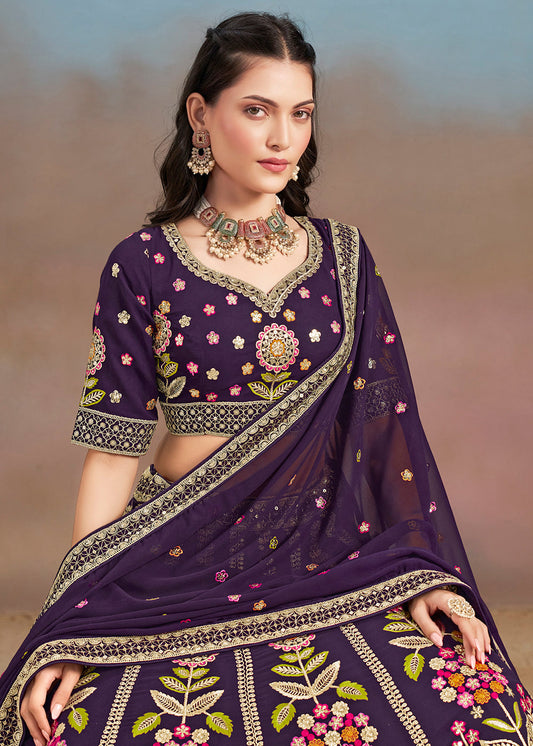 Purple Georgette Embroidered Lehenga Choli