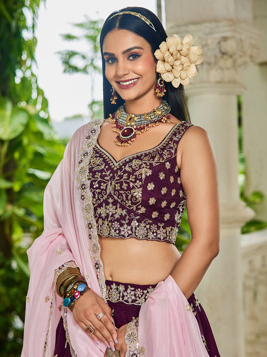 Wine Sequin Embroidered Party Wear Lehenga