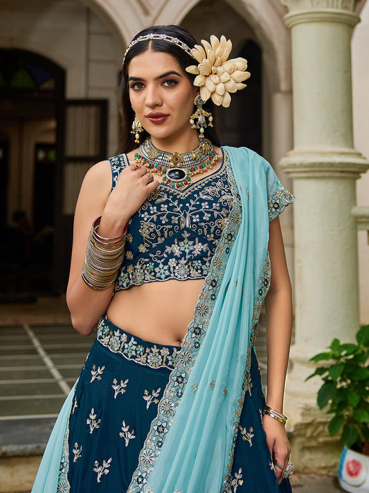 Navy Blue Sequin Embroidered Party Wear Lehenga