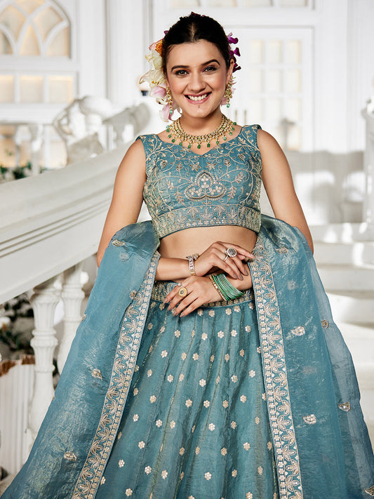 Blue Sequin Embroidered Party Wear Lehenga