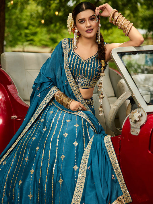 Teal Blue Sequin Embroidered Party Wear Lehenga