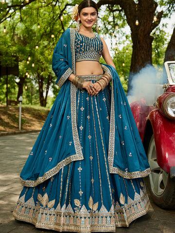 Teal Blue Sequin Embroidered Party Wear Lehenga