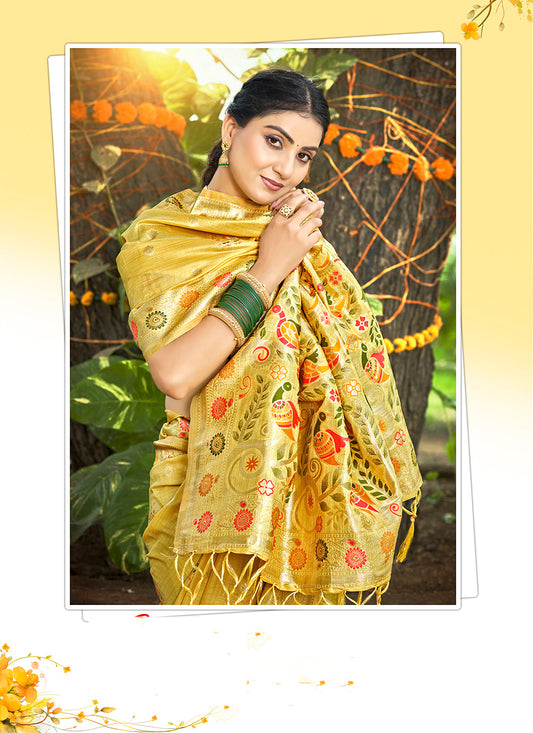 Yellow Zari Woven Silk Saree With Blouse