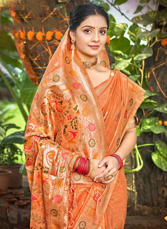 Orange Zari Woven Silk Saree With Blouse