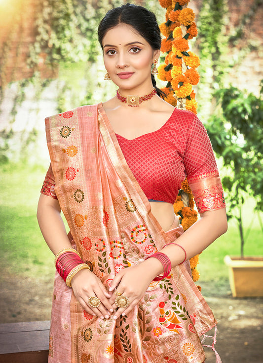 Peach Zari Woven Silk Saree With Blouse