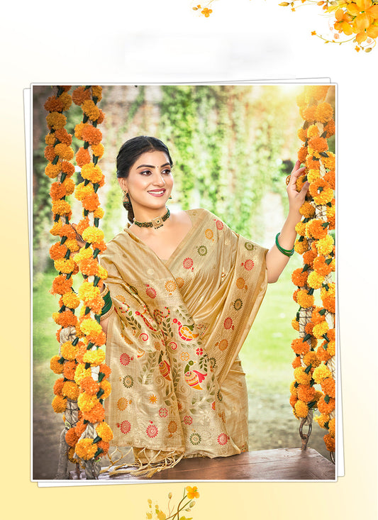 Beige Zari Woven Silk Saree With Blouse