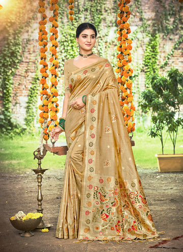 Beige Zari Woven Silk Saree With Blouse
