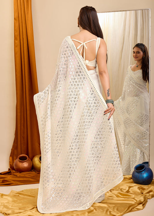 White Embroidered Party Wear Saree