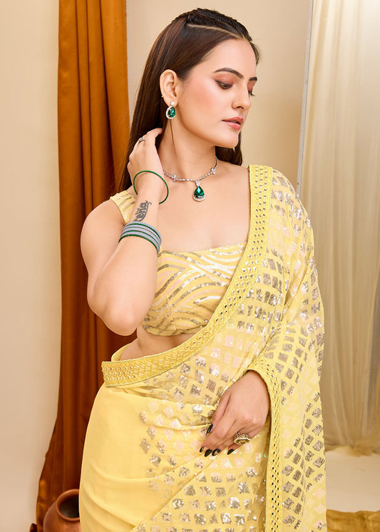 Yellow Embroidered Georgette Party Wear Saree