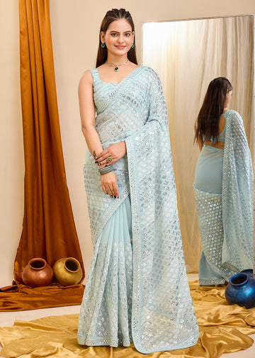Blue Thread Work Georgette Saree With Blouse