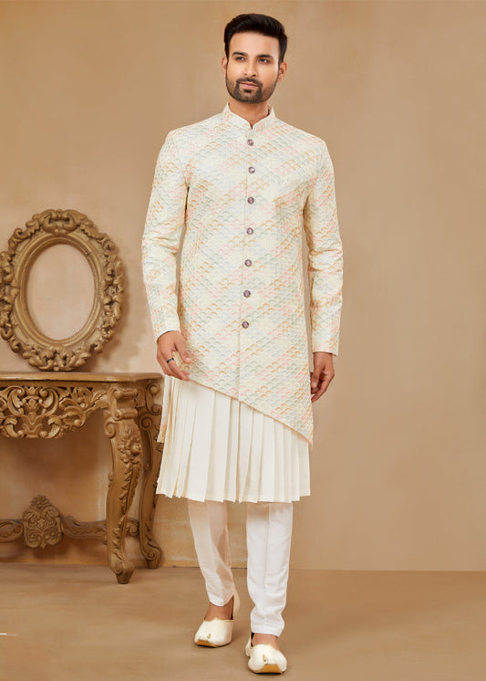 Indian Wedding Dresses Online - Cream Jacquard Silk Indo Western For Men