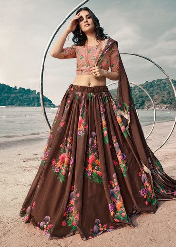 Brown Floral Printed Lehenga Choli - Indian Paridhan 