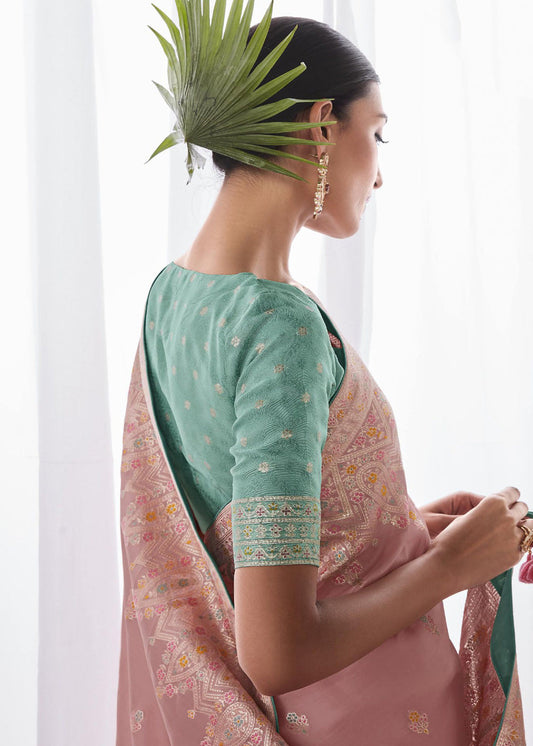 Pink Designer Thread Embroidered Silk Saree