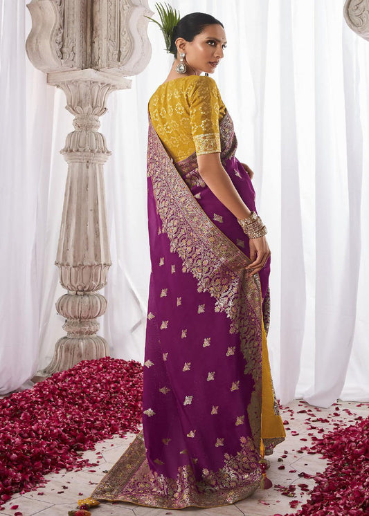 Magenta Zari Embroidered Silk Saree