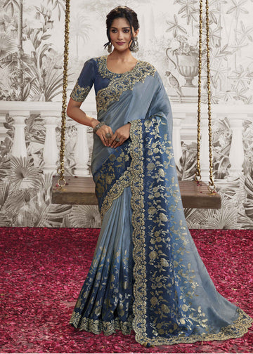 Blue Heavy Embroidered Silk Saree