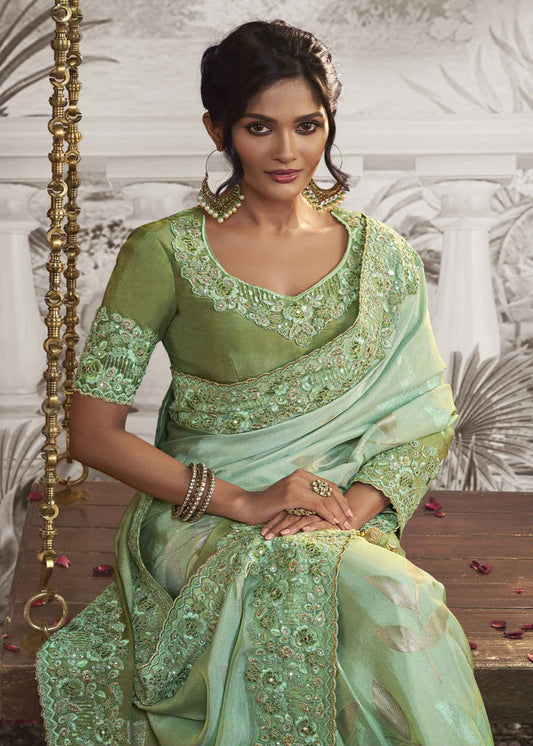 Green Heavy Embroidered Silk Saree