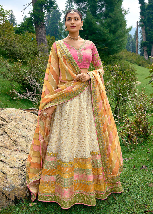 Cream Zari Embroidered Designer Indian Lehenga Online USA