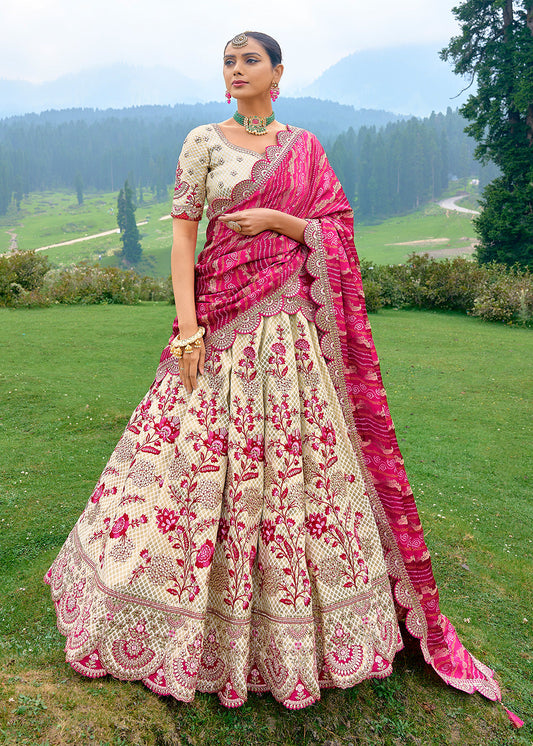 Off White Embroidered Silk Indian Lehenga Online
