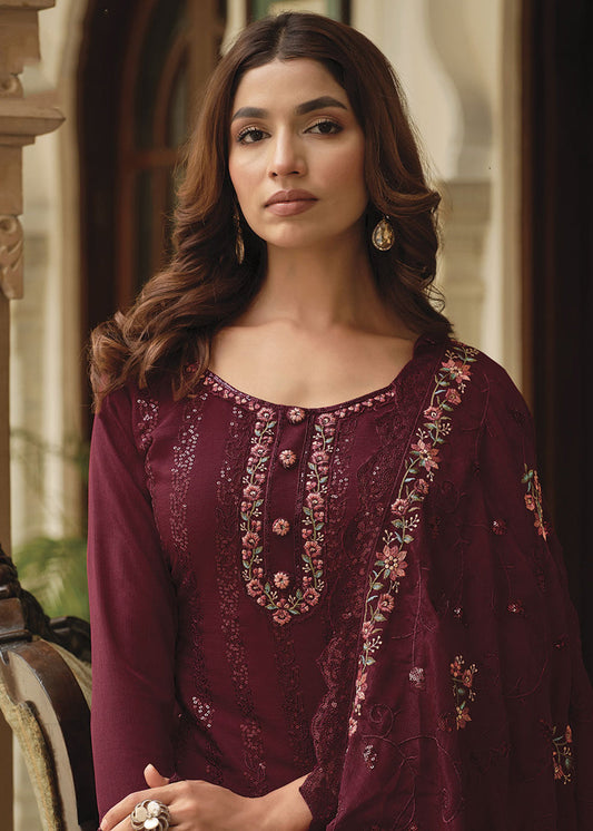 Maroon Embroidered Straight Cut Salwar Suit