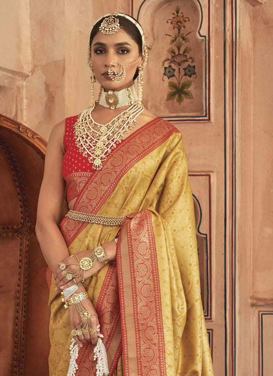 Yellow Zari Embroidered Silk Saree With Blosue