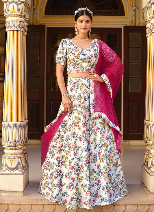 White Silk Floral Printed Designer Lehenga Online