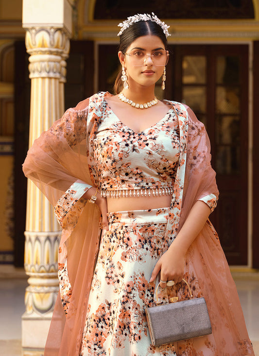 Off White Silk Floral Printed Lehenga Choli - Indian Paridhan 