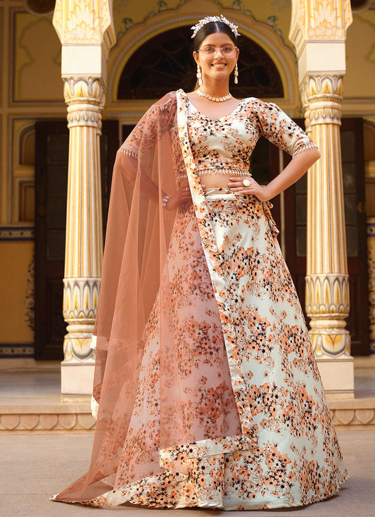 Off White Silk Floral Printed Designer Lehenga Online USA