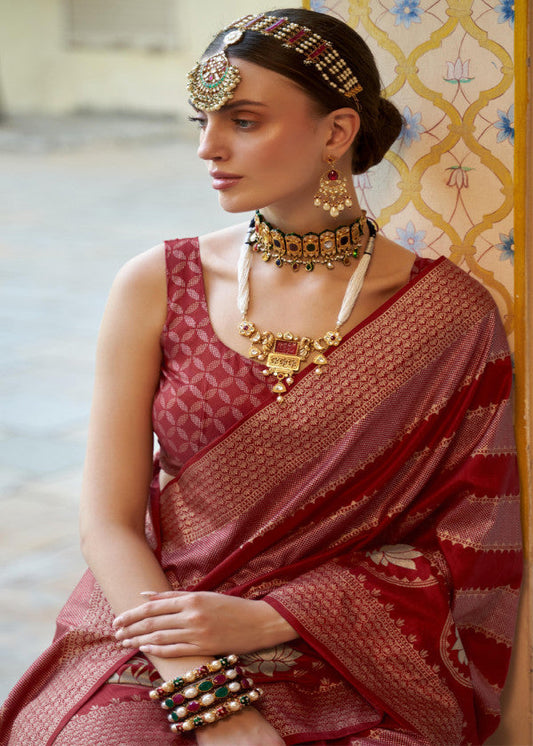 Maroon Woven Silk Saree With Blouse