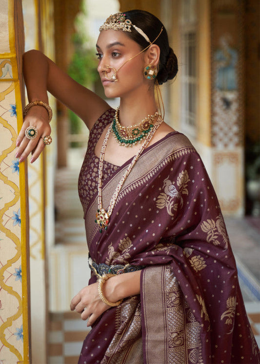 Brown Woven Silk Saree With Blouse