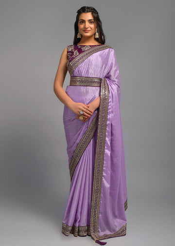 Lilac Zari Work Chiffon Silk Saree - Indian Paridhan 